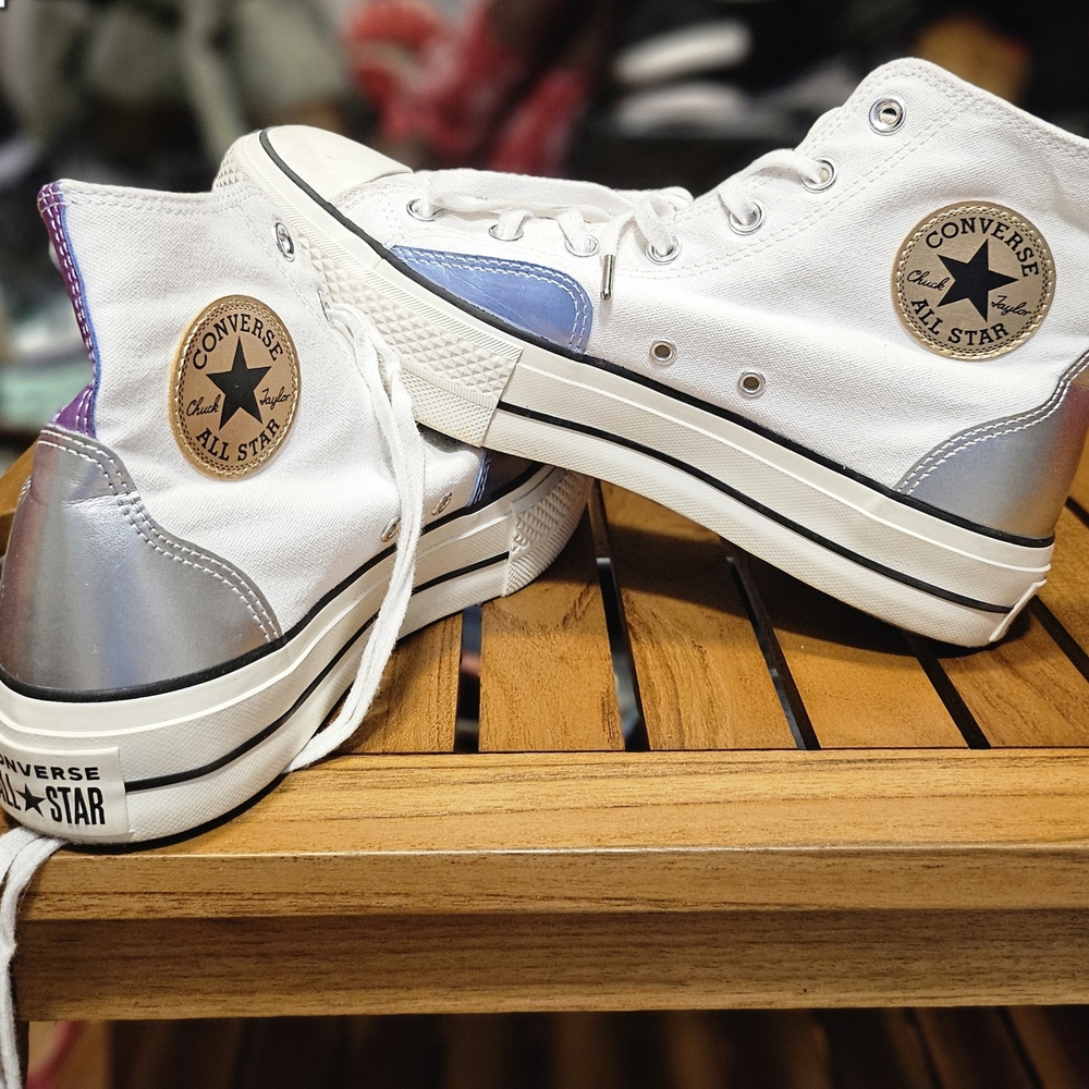 Converse High-Top Sneakers in White and Silver